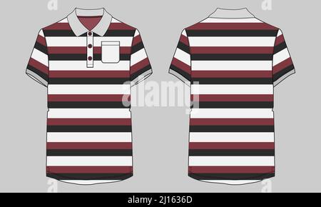 Kurzarm-Poloshirt mit Tasche und rot, schwarz Farbstreifen Ganzkörper-Overall Technische Mode flache Skizze Vektor Illustration Vorlage vorne Stock Vektor