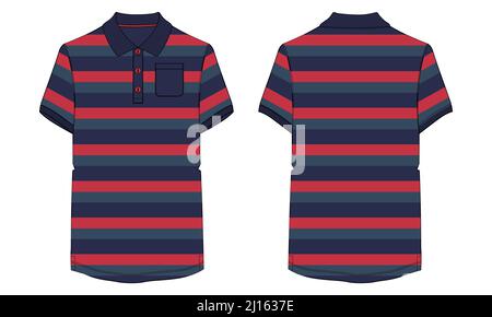 Kurzarm-Poloshirt mit Tasche und rot, schwarz Farbstreifen Ganzkörper-Overall Technische Mode flache Skizze Vektor Illustration Vorlage vorne Stock Vektor