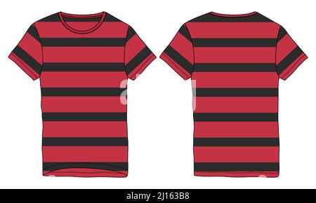 Kurzarm-T-Shirt mit All Over Stripe Body Fashion flache Skizze Vektor Illustration Vorlage Vorder-und Rückansicht. Bekleidung Bekleidung Design Mock Up Stock Vektor