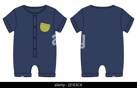 Baby Bodysuit Romper Technische Mode flache Skizze Vektor Illustration Vorlage Vorder- und Rückansicht. Modernes, stilvolles Kinderkleid-Design Einfache Bearbeitung und Cu Stock Vektor