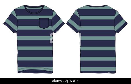 Kurzarm-T-Shirt mit All Over Stripe Body Fashion flache Skizze Vektor Illustration Vorlage Vorder-und Rückansicht. Bekleidung Bekleidung Design Mock Up Stock Vektor