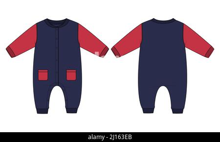 Baby Bodysuit Romper Technische Mode flache Skizze Vektor Illustration Vorlage Vorder- und Rückansicht. Modernes, stilvolles Kinderkleid-Design Einfache Bearbeitung und Cu Stock Vektor