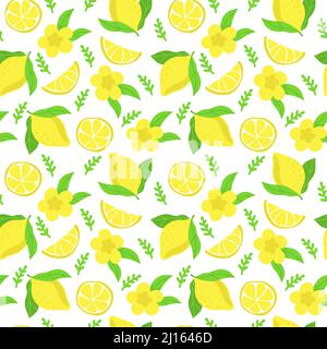 Nahtloses Muster aus hellen Zitronen, handgezeichneten Elementen. Sommer. Gelbe Zitronen mit Blättern und Blumen auf weißem Hintergrund. Limonade. Geeignet für Stock Vektor
