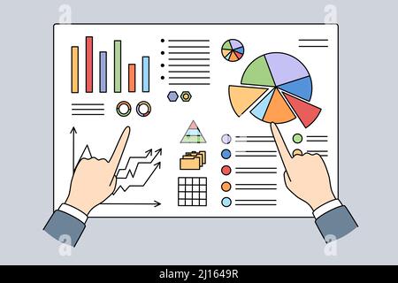 Nahaufnahme der Hände von Geschäftsleuten und Analysten zeigen auf Grafiken und Diagramme an Bord. Banker analysieren Wachstum und Niederschläge. Konzept der analytischen Daten und Buchhaltung. Finanzen und Statistiken. Vektorgrafik. Stock Vektor