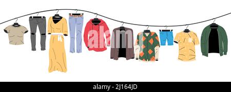 Herren- und Damenbekleidung am Kleiderbügel. Stock Vektor