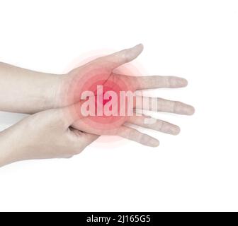 Schmerzhafter Palmar-Aspekt des asiatischen jungen Mannes. Konzept des Kompartiment-Syndroms und Schmerzen der Handmuskulatur. Stockfoto