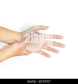 Schmerzhafter Palmar-Aspekt des asiatischen jungen Mannes. Konzept des Kompartiment-Syndroms und Schmerzen der Handmuskulatur. Stockfoto