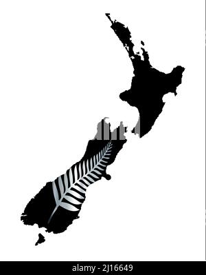 Skizzieren Sie die schwarze Silhouette Karte von Neuseeland mit dem nationalen silbernen Farnsymbol auf weißem Hintergrund Stockfoto