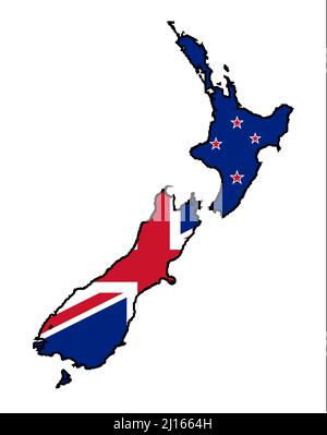 Umreißen Sie die Silhouette Karte von Neuseeland mit den nationalen Flaggen-Symbolen auf weißem Hintergrund Stockfoto