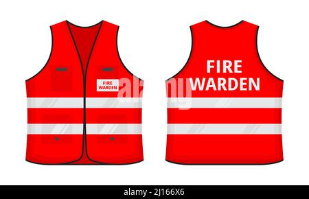 Reflektierende Warnweste mit Etikett FEUERSCHUTZ Tag flache Stil Design Vektor Illustration Set. Rot fluoreszierende Sicherheits-Arbeitsjacke mit Reflecti Stock Vektor