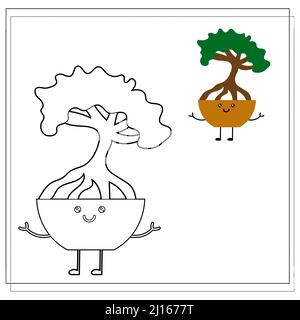 Bild für Kinder. Malen Sie eine niedliche Cartoon-Blume in einem Topf basierend auf der Zeichnung. Stock Vektor