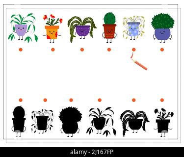 Kinder Logik-Spiel finden Sie den richtigen Schatten, niedliche Cartoon-Blume in einem Kawaii Topf. Stock Vektor