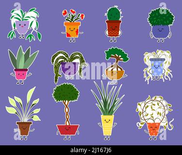Ein Satz Aufkleber mit lächelnden Kawaii Zimmerpflanzen mit Armen und Beinen. Flacher Style. Stock Vektor
