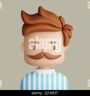 3D Illustration eines lächelnden kaukasischen Mannes. Cartoon Nahaufnahme Porträt von stehenden Caucazian Mann mit Schnurrbart auf einem grauen Hintergrund. 3D Avatar für ui U Stockfoto