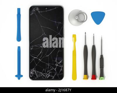 Reparatur-Tools und Smartphones mit defekten Bildschirmen isoliert auf weißem Hintergrund. 3D Abbildung. Stockfoto