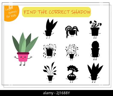 Kinder Logik-Spiel finden Sie den richtigen Schatten, niedliche Cartoon-Blume in einem Kawaii Topf. Stock Vektor