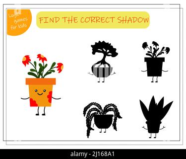 Kinder Logik-Spiel finden Sie den richtigen Schatten, niedliche Cartoon-Blume in einem Kawaii Topf. Stock Vektor