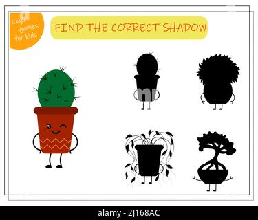 Kinder Logik-Spiel finden Sie den richtigen Schatten, niedliche Cartoon-Blume in einem Kawaii Topf. Stock Vektor