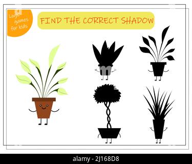 Kinder Logik-Spiel finden Sie den richtigen Schatten, niedliche Cartoon-Blume in einem Kawaii Topf. Stock Vektor