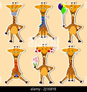 Eine Reihe von Zeichentrickfiguren Emoji Aufkleber. Aufkleber mit Giraffen Emoticons mit verschiedenen Emotionen. Stock Vektor