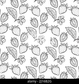 Beeren Erdbeere Blüten und Blätter nahtlose Muster. Beerenhintergrund schwarze Handgravur. Schablone mit Bio gesunde Lebensmittel für Papier, Verpackung Stock Vektor