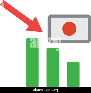 Rückgang der japanischen Wirtschaft. Sinkende Balken und Diagramme. Bearbeitbarer Vektor. Stock Vektor