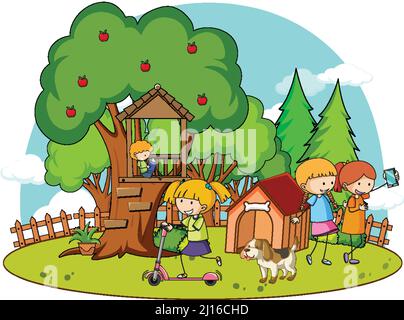 Ein einfaches Baumhaus und hundehütte mit Kindern in Natur Hintergrund Illustration Stock Vektor