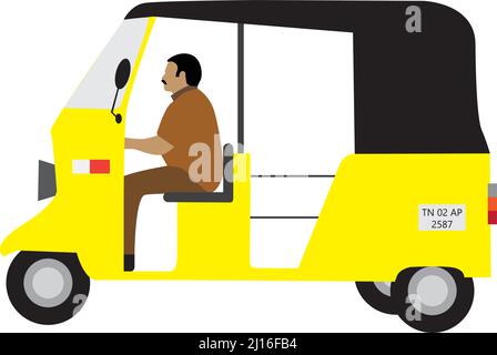 vektor der gelben Auto-Rikscha mit Fahrer, ein primäres Transportfahrzeug in Tamilnadu, Indien Stock Vektor