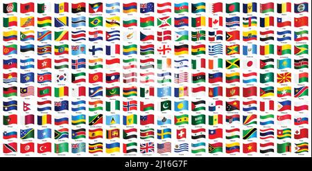 Alle Länder der Welt offizielle Nationalflaggen. Glänzendes Flaggendesign mit Wellenmuster Stock Vektor