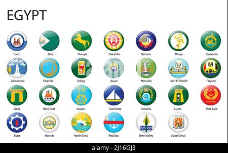 Alle Flaggen der Regionen Ägyptens. Glänzendes Flaggendesign mit Knöpfen Stock Vektor