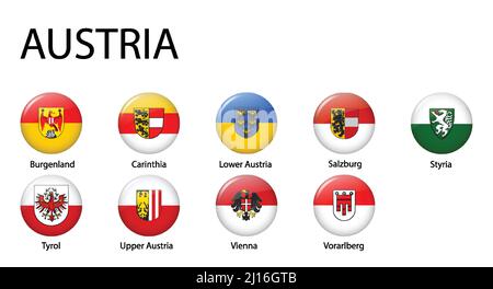 Alle Flaggen der Regionen Österreichs. Glänzendes Flaggendesign mit Knöpfen Stock Vektor