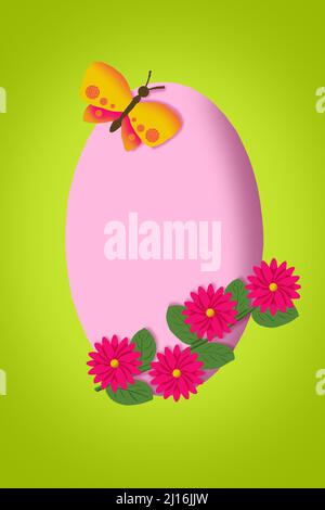 Osterkarte. Digitale Zeichnung eines Eies, eines Zweiges mit Blumen und eines Schmetterlings Stockfoto