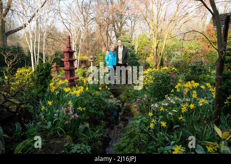 Das Rentnerpaar Tony und Marie Newton in ihrem vier Jahreszeiten Garten, als der Frühling in ihrem Haus in Walsall, West Midlands, beginnt. Bilddatum: Mittwoch, 23. März 2022. Stockfoto