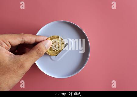 Stecken Sie Bitcoin von Hand in die Spendenbox. Rosa Hintergrund. Kryptowährung und Spendenkonzept. Stockfoto