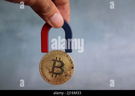 Konzept der Kryptowährung. Hand hält Magnet und Bitcoin anziehen. Mining von Kryptowährungen. Stockfoto