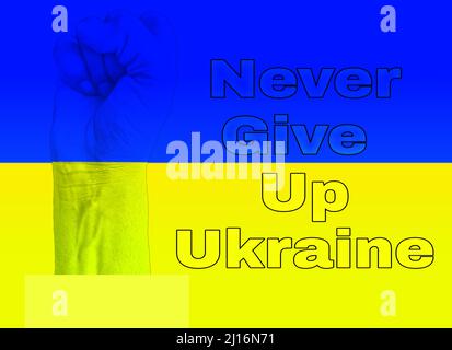 Die Faust des Mannes mit Einer Flagge der Ukraine isoliert auf niemals aufgeben Ukraine Text Ukraine Flagge Farbe Hintergrund Stockfoto