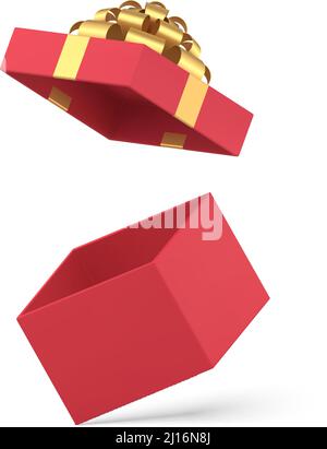 Luxuriöse isometrische quadratische festliche Geschenkbox Auspacken mit offener Kappe realistische 3D Vektor-Illustration. Traditionelle, rot umhüllte geschenkbox mit Metallic-Gold Stock Vektor