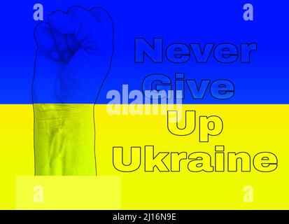 Die Faust des Mannes mit Einer Flagge der Ukraine isoliert auf niemals aufgeben Ukraine Text Ukraine Flagge Farbe Hintergrund Stockfoto