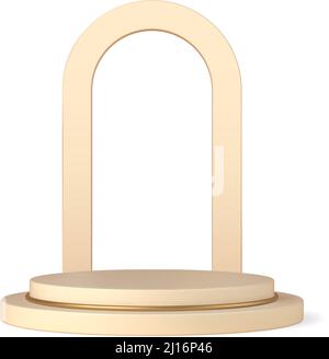 Beige 3D Podium mit halbrunder Bogenvektorvorlage. Bühnenpastell für Präsentationen mit goldenem Rundreifen. Zeremonie Performance Dekoration mit Empt Stock Vektor