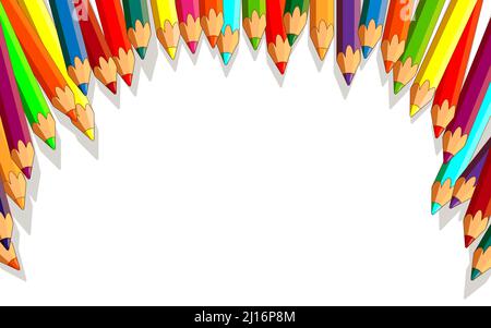 Ein Satz Buntstifte, die in einem Halbkreis auf einem isolierten weißen Hintergrund angeordnet sind. Freier Speicherplatz für Text. Bleistifte in der Draufsicht. Vektorgrafik Stock Vektor