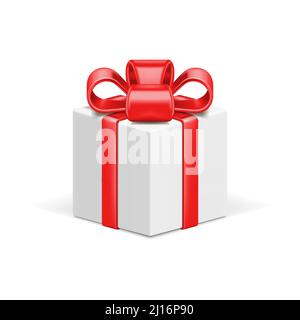 Weiße Geschenkbox 3D Vektor-Symbol und rot glänzenden Schleife Band. Feier Urlaub realistische Überraschung gebunden isoliert auf weiß. Gut für Urlaub Verkauf und Geburt Stock Vektor