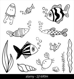 Set von schwarzen und weißen Fischen im Doodle-Tinten-Stil. Handgezeichnete Darstellung von Meeresfischen Stock Vektor