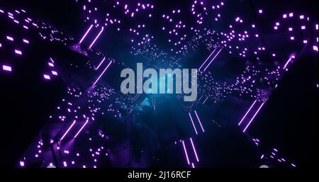 Futuristischer Tunnel mit metallischen Strukturen und Neonlichtern. Abstrakter Hintergrund. 3D Abbildung Stockfoto