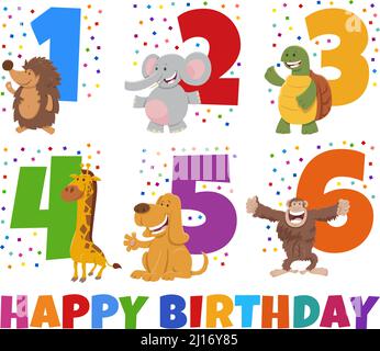 Cartoon Illustration Design des Geburtstagskarten-Sets für Kinder mit glücklichen Tieren Stock Vektor