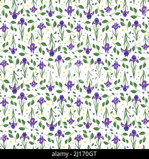 Niedliches nahtloses Muster aus Irisblumen. Strahlender Frühling- und Sommerdruck mit grünen Blättern und Herzen. Weihnachtsdekoration. Vektorgrafik flach Stock Vektor