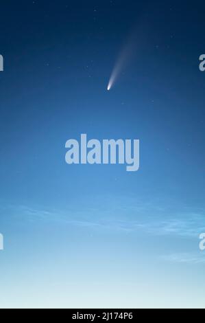 C/2020 F3 (Comet Neowise) über nächtlichen Wolken am Himmel in der Nähe von Brocolitia, Northumberland National Park, England Stockfoto