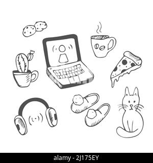 Gemütliches Haus und süße Haus Satz von Elementen in Doodle Hand Zeichnung Stil. Vektorsymbole, warme und niedliche Illustrationen Stock Vektor