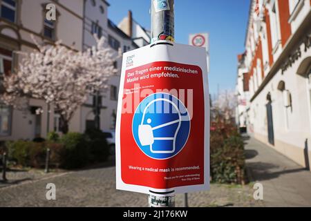 Bonn, Deutschland. 23. März 2022. In der Altstadt hängen Schilder mit der Aufschrift „Es wird empfohlen, eine medizinische Maske zu tragen“. Bald beginnt in Bonn die berühmte Kirschblüte. Die Stadt hat mit den Vorbereitungen für das Naturschauspiel begonnen und hat Schilder aufgehängt, die das Tragen einer Maske empfehlen. Im Jahr 2020 war die Altstadt während der Blütezeit wegen der Pandemie für Besucher komplett geschlossen. 2021 waren dort Masken Pflicht. Quelle: Oliver Berg/dpa/Alamy Live News Stockfoto