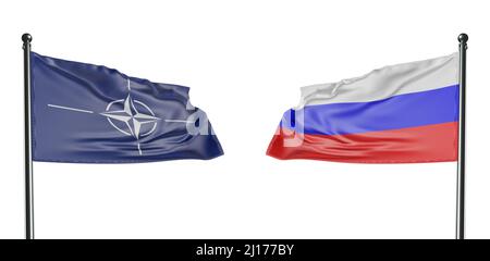 Die Flagge der NATO und Russlands im Wind ist isoliert weiß. 3D Rendern Stockfoto