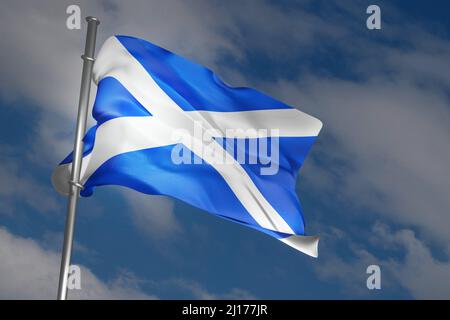 Flagge Schottlands. Schottische Flagge Saltyre winkt auf blauem Himmel Hintergrund. 3D Darstellung rendern. Stockfoto